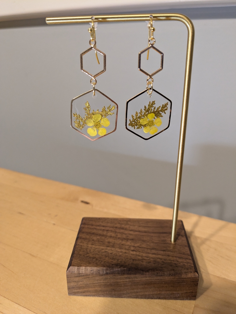 Hexagon Gold Drop Earrings with Yellow Floral Inlay